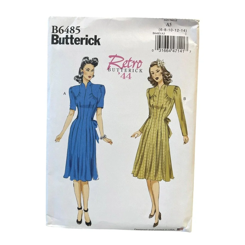 Butterick Dress Pattern Misses Size A5 6-14 Retro 1940s B6485 Puff Sleeve